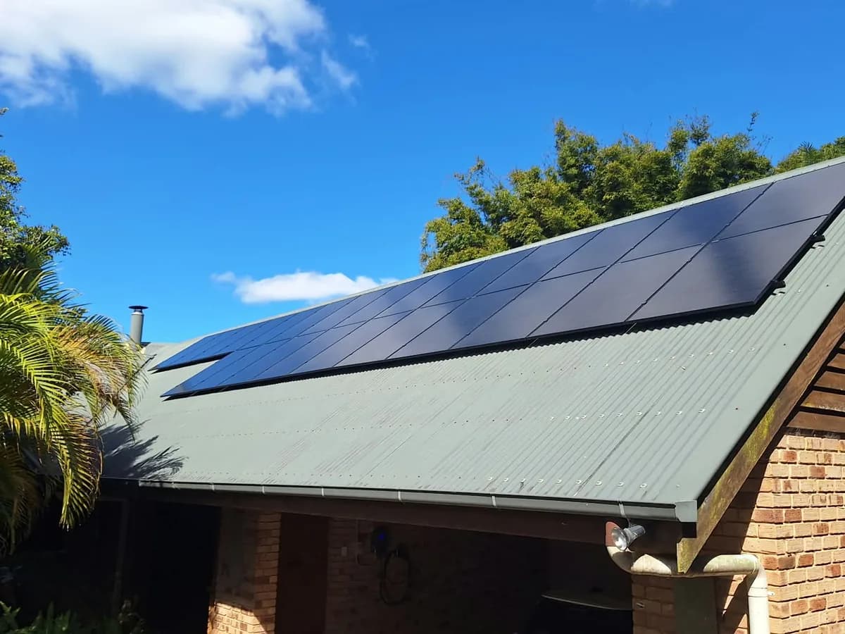 Black solar panels on the dark corrugated roof of a North Maleny home, framed by palms and hinterland greenery
